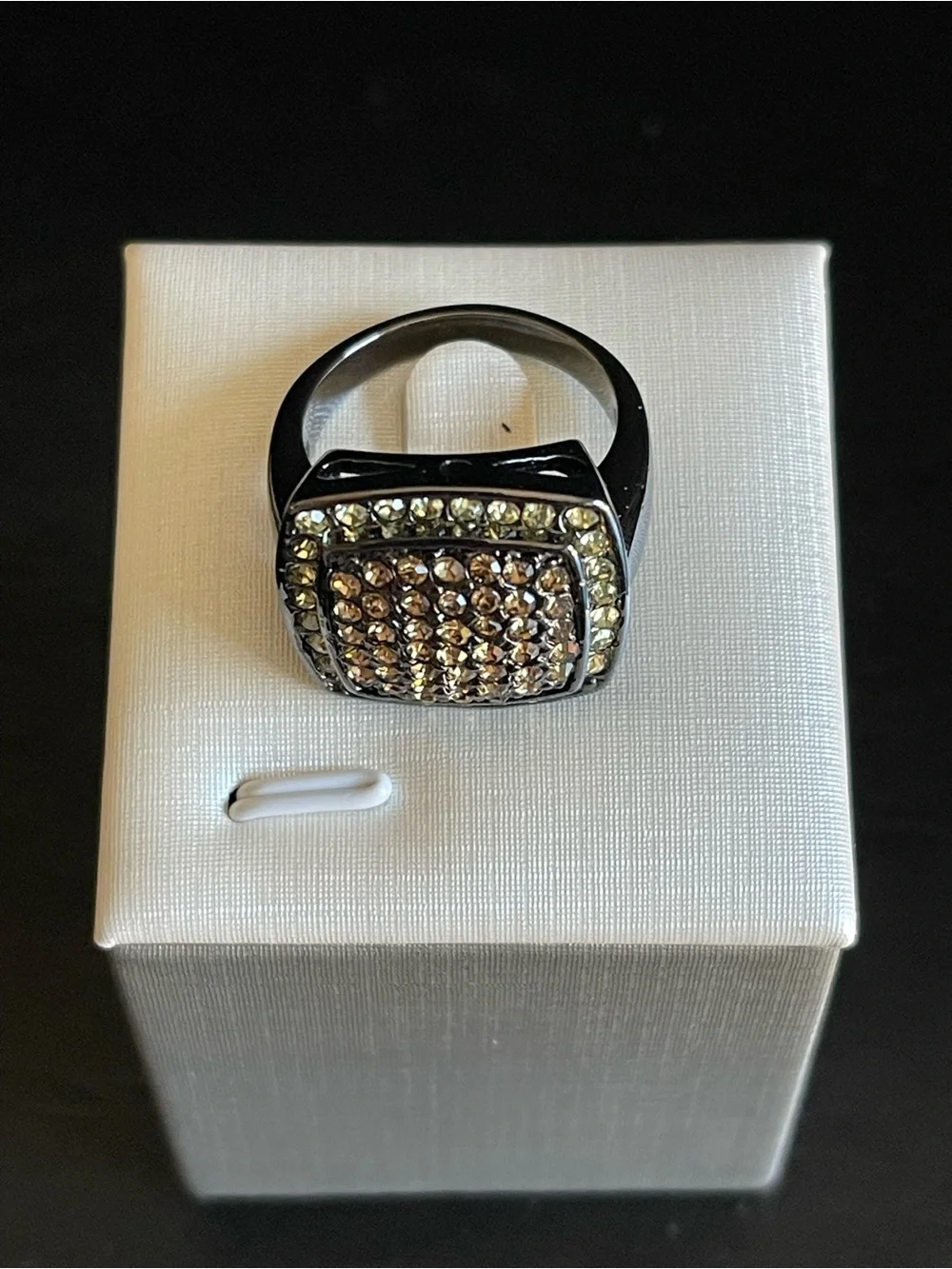 Black silver tone Square Pave Cocktail Ring with Champagne Crystals